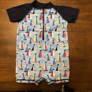 18 Month Boys Sailboat Rash Guard Romper & Sun Hat Set